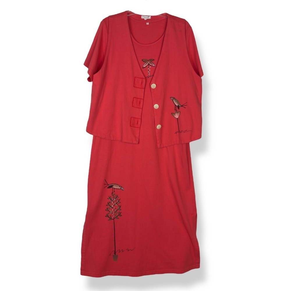 Womens Size Large Red Maxi Dress and Vest Set Bird Flower Artwear Vintage 90s